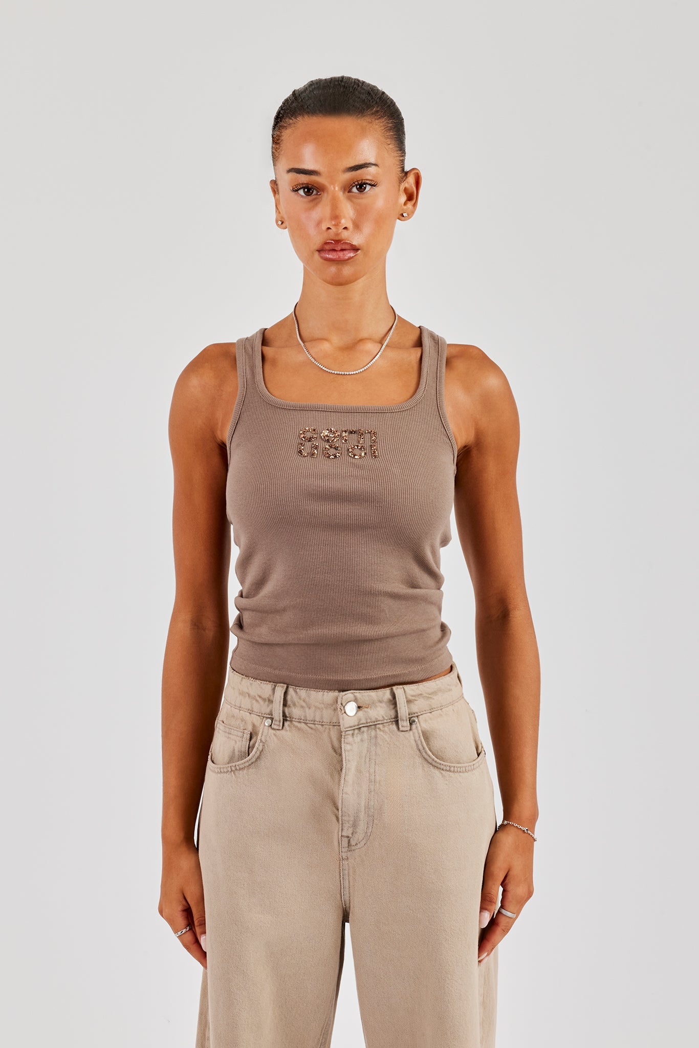 Rib Glitter Applique Vest - Taupe